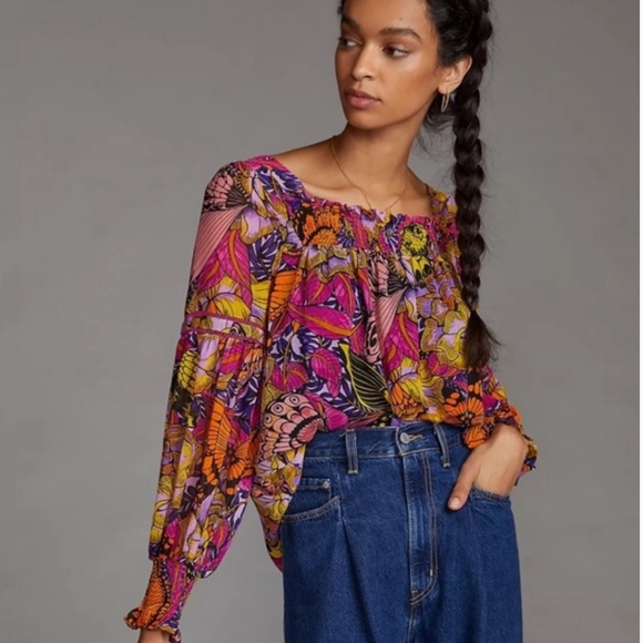 Anthropologie Tops - Anthropologie Alexandra Farmer Floral Butterfly Smocked Puff Sleeve Blouse XL